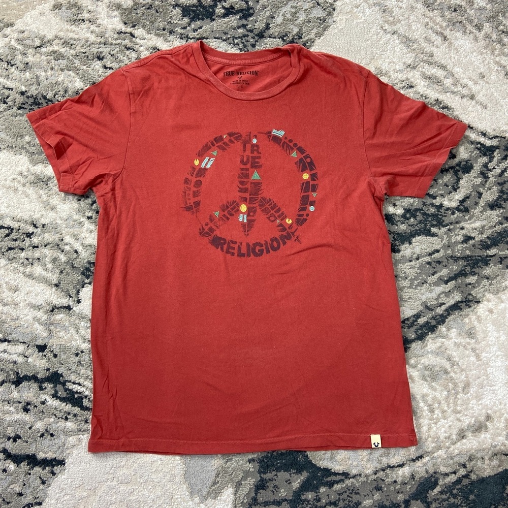 True Religion Y2K Mondo Peace T Shirt Mens Large Red Graphic Print Surf Summer